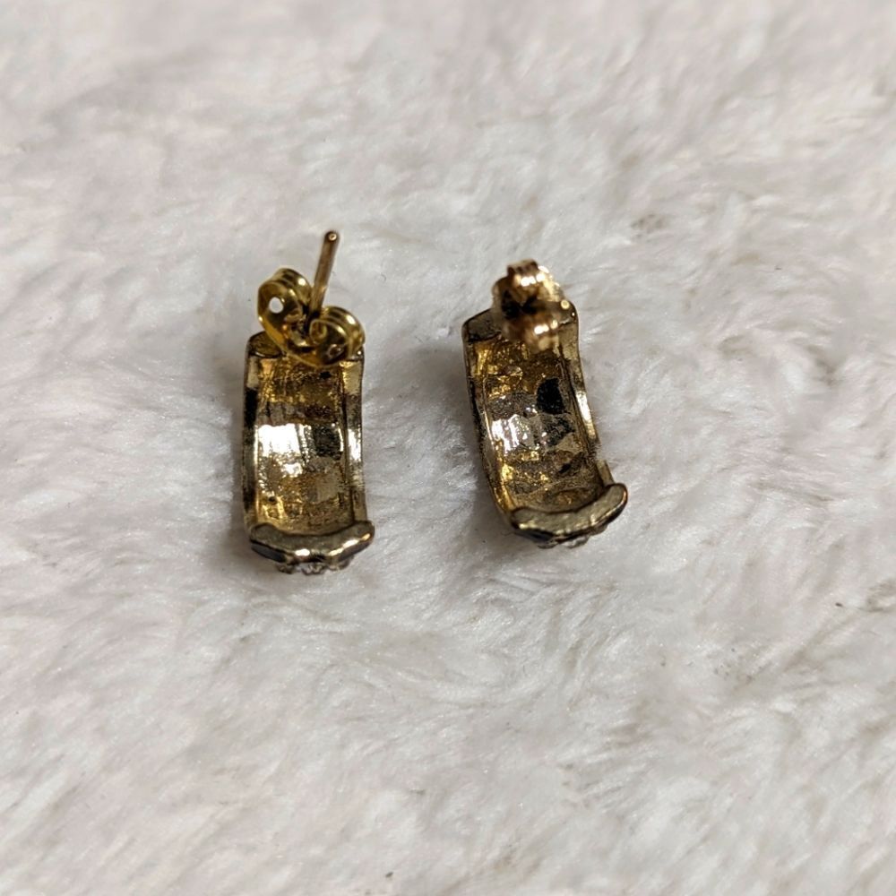 Vintage Small Half Hoop Black Enamel and Clear Rhinestone Pierced Earrings - Picture 8 of 10